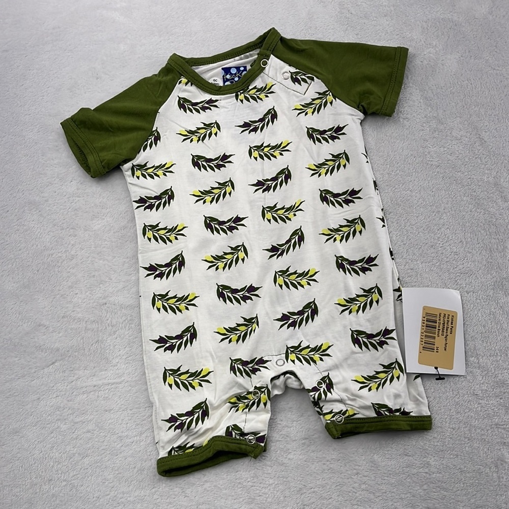 NEW Kickee Pants SS Raglan Romper Natural Olive Branch 3-6‎ Months